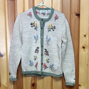 Orvis Women's Embroidered Cardigan - Cream and Green